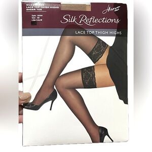 Hanes Silk Reflections Beige Lace Top Thigh Highs, Sheer Toe, Beige, Size AB